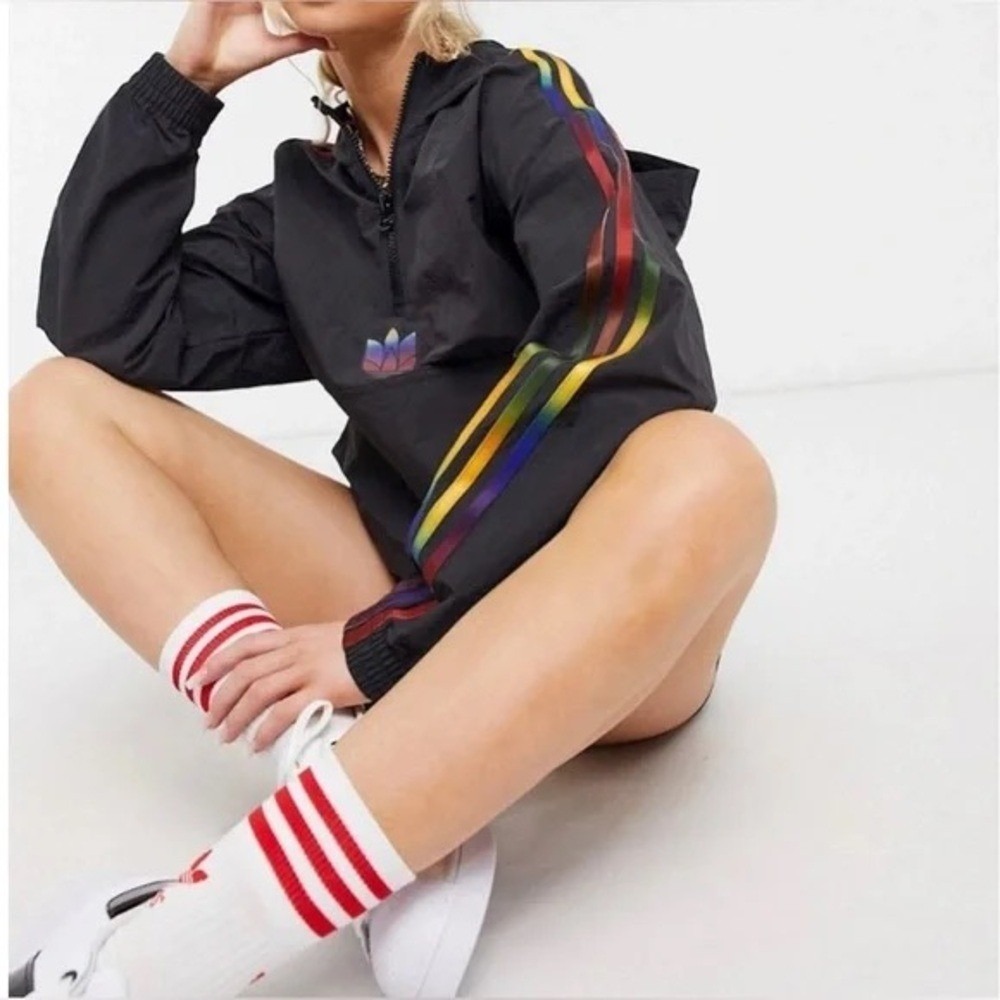 Adidas Originals Pride Rainbow Stripe Cropped Windbreaker Jacket Black XS GD2273